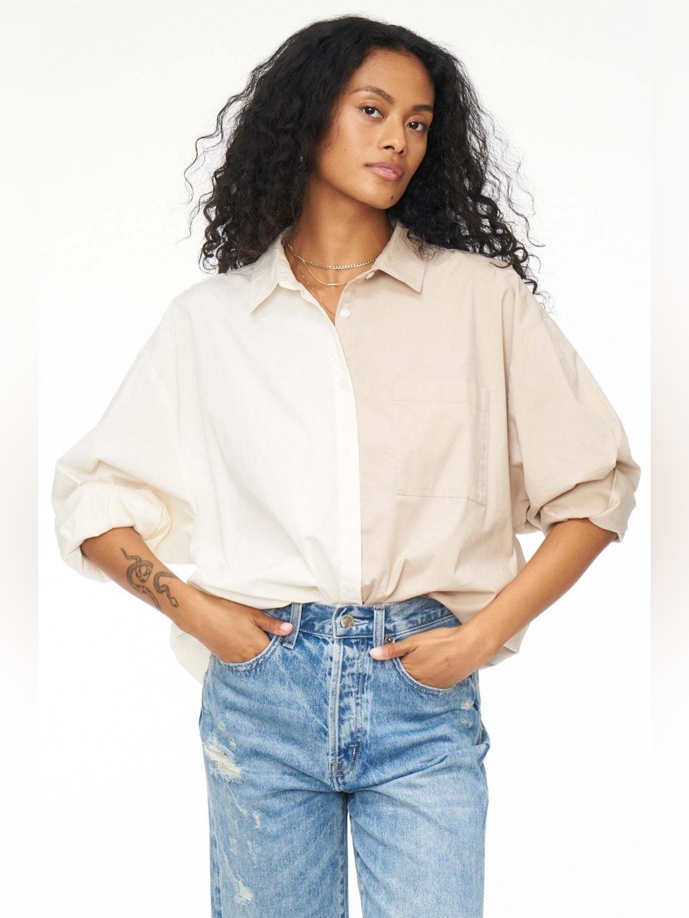 $195 PISTOLA SLOAN OVERSIZED COLORBLOCK BUTTON DOWN SHIRT